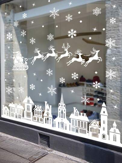 9 Stücke Weihnachts-Fensteraufkleber - Schneeflocke, Weihnachtsmann, Rentier Feiertags-Dekoration, abnehmbar, langanhaltend PVC, geeignet für Glasfenster, Türen, Spiegel - modernes schwarz-weißes Design, kombinierbare Feiertags-Dekoration, Glocke, Stern, Mond, Schneeflocken-Muster, Rentier-Thema, ablösbare Aufkleber, Weihnachts-Raum-Küchen-Dekoration