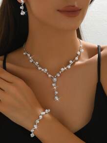 4 pièces Set Bijoux Femme Perle, Collier Élégant, Boucles d'oreilles, Bracelet, Accessoires de Mariage et de Mariée