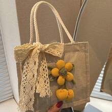 1pc Linen Tote Bag With Lace And Floral Decorations, Suitable For Shopping, Wedding, Party Gifts, Daily Use