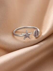 1Pc Marine Life Starfish Shell Ring With Zirconia, Dainty Ocean Sea Shell Open Adjustable Finger Ring, Ladies Jewelry Fashion Accessories