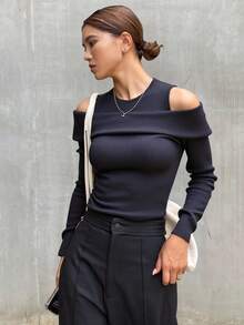 Livesso Women Solid Color 2 In 1 Cold Shoulder Fitted Fashionable T-Shirt, Deep Grey, Spring/Summer/Autumn Long Sleeve Women Tops,Fall Women Clothes - Dark Grey - View 3