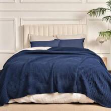 PHF 480GSM 100% Washed Cotton Waffle Weave Blanket, Cozy Breathable Skin-Friendly Throw King Size For All Season, Luxury Fall Layer Bedspread For Couch Bed, Elegant Home Decor,Navy Blue, 104"X90" - Navy Blue - View 5