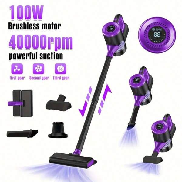 4-in-1 kabelloser Handstaubsauger, leichter Staubsauger mit starker Saugkraft, LED-Bürste, Anti-Haar, 2000mAh*3 aufladbare Akkus - geeignet für Zuhause, Auto, Tierhaar, Teppich, Hartböden