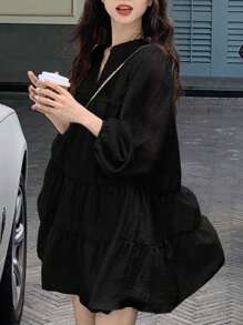 Summer French Style Elegant Loose Dress With Bubble Sleeves, Flattering And Chic - Black - View 2