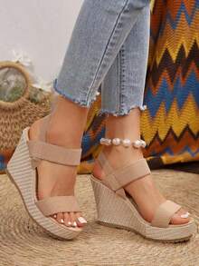 Women's Wedge Heel Platform Sandals, Plus Size, Cross-Border, Espadrille Waterproof Platform, Fashionable Slip-On High Heel Sandals With Chunky Sole - 卡其色 - 查看 6