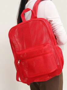 [耐用网状背包] 耐用大容量网状背包 | 1 件黑色涤纶旅行包，带可调节肩带，透气设计，适合户外探险、海滩和日常通勤、学校背包