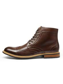 Men's Ankle Boot, Faux Leather, Cap Toe, Lace-Up, Zipper Closure, 1" Heel, Synthetic Sole, Business, Water Resistant - Dark Brown - View 6