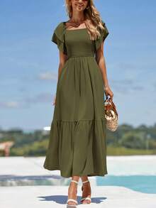 Women's Summer Casual Dresses Square Neck Ruffle Short Sleeve High Waist A-Line Wedding Dresses - 軍綠色 - 查看 1