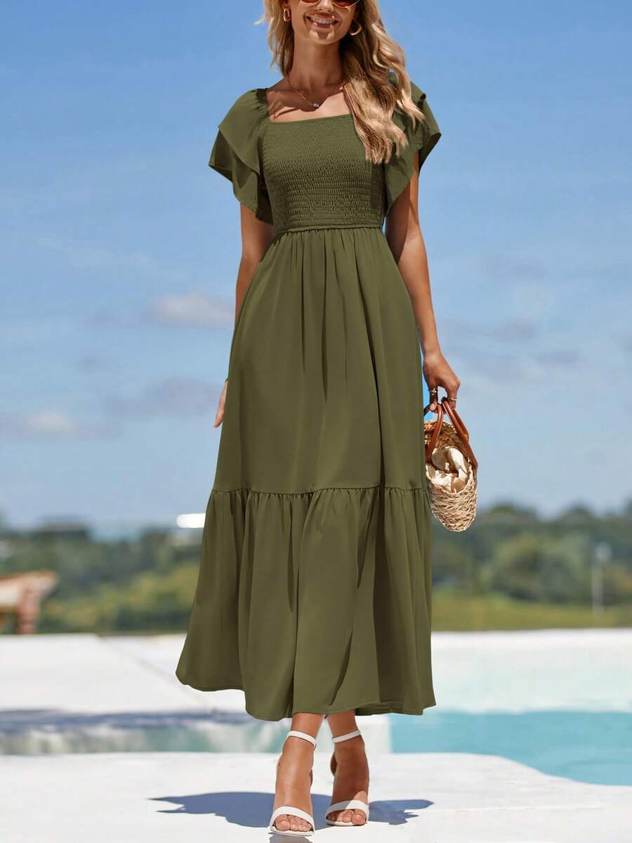 Women's Summer Casual Dresses Square Neck Ruffle Short Sleeve High Waist A-Line Wedding Dresses - 軍綠色 - 查看 1