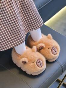 1 Pair Kids' Capybara Cartoon Slippers, Soft & Warm Indoor/Outdoor Wear, Plush Lining, Lightweight Rubber Sole, Unisex Autumn/Winter House Slippers - Khaki - View 3