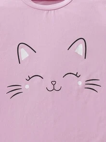 2 件套女童休闲可爱卡通猫咪印花圆领长袖上衣和随机全身印花长裤套装 - 紫色 - 查看 4