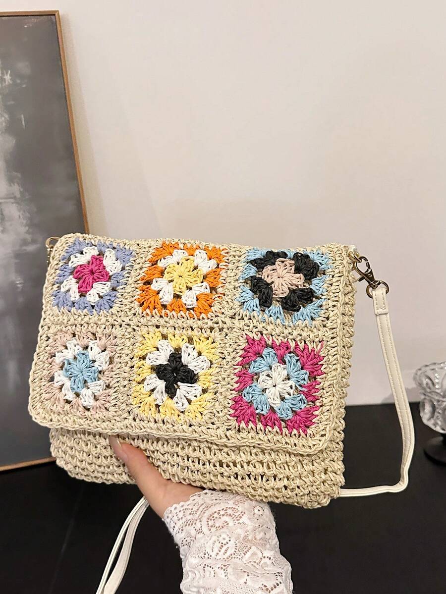 度假沙滩包，大容量通勤单肩包，小众设计休闲百搭简约时尚斜挎包，2025年新款流行女士手提包，编织纹理撞色设计，舒适面料，拉链开合，可调节可拆卸肩带，宽敞，时尚春夏手提包