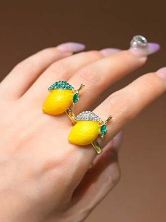 1pc Yellow Lemon Shape Open Ring, Cute Realistic Fruit Metal Finger Ring Creative Fashion Accessory