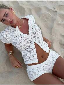 Women's Set Front Open Knit Short Cardigan+Shorts - White - View 3