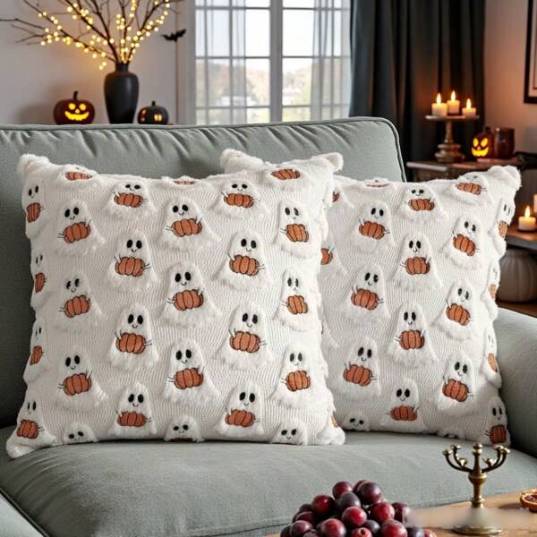1pc Ghost Pumpkin Plush Cushion Cover, Adorable Quilted Craft Halloween Decor, 18x18 Inch, Suitable For Living Room, Bedroom, Party Decoration, Pillow Insert Not Included