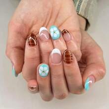 Almond Shaped Press On Nails Short Oval False Nails With Designs Blue White French Tips Glue On Nails Leopard Print Flowers Acrylic Nails Glossy Full Cover Stick On Nails For Women Manicure 24 Pcs2025