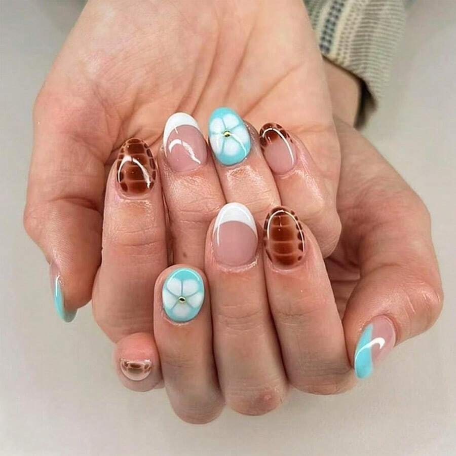 Almond Shaped Press On Nails Short Oval False Nails With Designs Blue White French Tips Glue On Nails Leopard Print Flowers Acrylic Nails Glossy Full Cover Stick On Nails For Women Manicure 24 Pcs2025