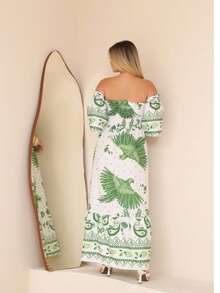 Women's Long Dresses All-Over Print Floral Knot Ruched Ruffle Hem Beach Summer - Verde - Ver 2