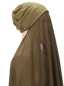 1pc Women's Solid Color Chiffon Hooded Convenient Muslim Headscarf, Ready To Wear Hijabs - Army Green - View 2