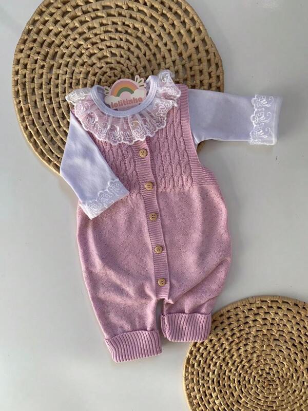 Conjunto Ema Botão Tricô Menina Body Jardineira Macacão Bebê