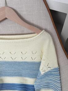 女士新款时尚休闲落肩条纹拼色提花镂空长袖圆领套头衫，复古费尔岛宽松柔软夜间外出返校针织毛衣，秋冬 - 彩色 - 查看 4