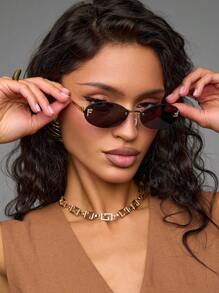 1 pieza Gafas de montura pequeña ovalada vintage negra sin marco, accesorio de moda de verano, complemento del estilo callejero