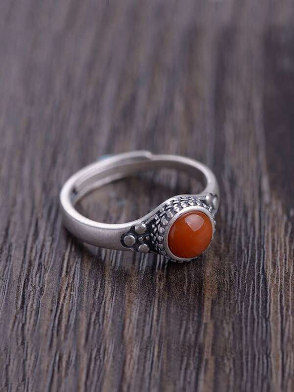 1pc Vintage Round Red Agate Jade Open Ring, Elegant Adjustable Ring For Men, Everyday Versatile Jewelry Gift