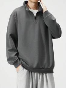 加大码立领拉链卫衣运动衫，长袖上衣，适合秋冬季 - 灰色 - 查看 4