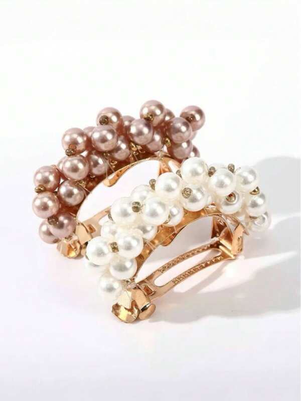 2pcs Pearl Hairpin Hair Clasp Women, Ponytail Clip Hair Bun Tiara, Multiple Pearl Spring Clips