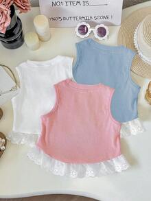 3pcs/Set Young Girl Fashion Lace Trim Sleeveless Ribbed Tank Top, Casual Bowknot Top, Versatile Outdoor Spring/Summer - Multicolor - View 2