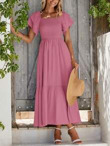 Women's Summer Casual Dresses Square Neck Ruffle Short Sleeve High Waist A-Line Wedding Dresses - Màu hồng đậm - Xem 5