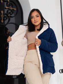 Double Teddy Coat Max Lined Blazer Hood Pockets With Internal Lining Women's Winter Overcoat - 藏蓝色 - 查看 3