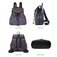 Fashionable Luminous Women Backpack, Drawstring Geometric Rhombus Folding Reflective Iridescent Student School Bag, Large Capacity Backpack, Iridescent Geometric Grid Backpack - Black - View 7