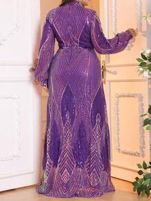 Plus Size Women Long Sleeve Sequin V-Neck Formal Evening Gown Dress (Non-Placement Floral) - Purple - View 2