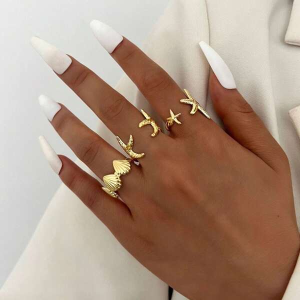 3pcs Metal Ocean Series Ring Set, Seashell & Starfish Design, Adjustable, Summer Beach Jewelry For Women