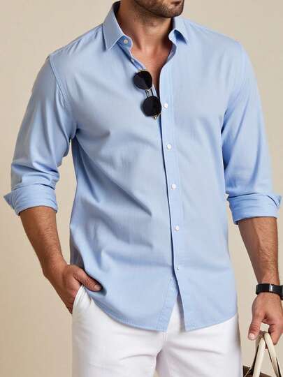 新款男士蓝色衬衫，清爽时尚，适合度假、约会、户外活动、秋冬