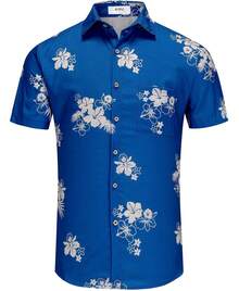 Men's & Women's Hawaiian Shirt - Tropical Palm Tree & Coconut Leaves Print Short Sleeve Button-Up, Soft Breathable Fabric, Machine Washable, Regular Fit Casual Beach Vacation Shirt For Adults, Summer Apparel Buttons Casual Shirts - 藍色 - 查看 1