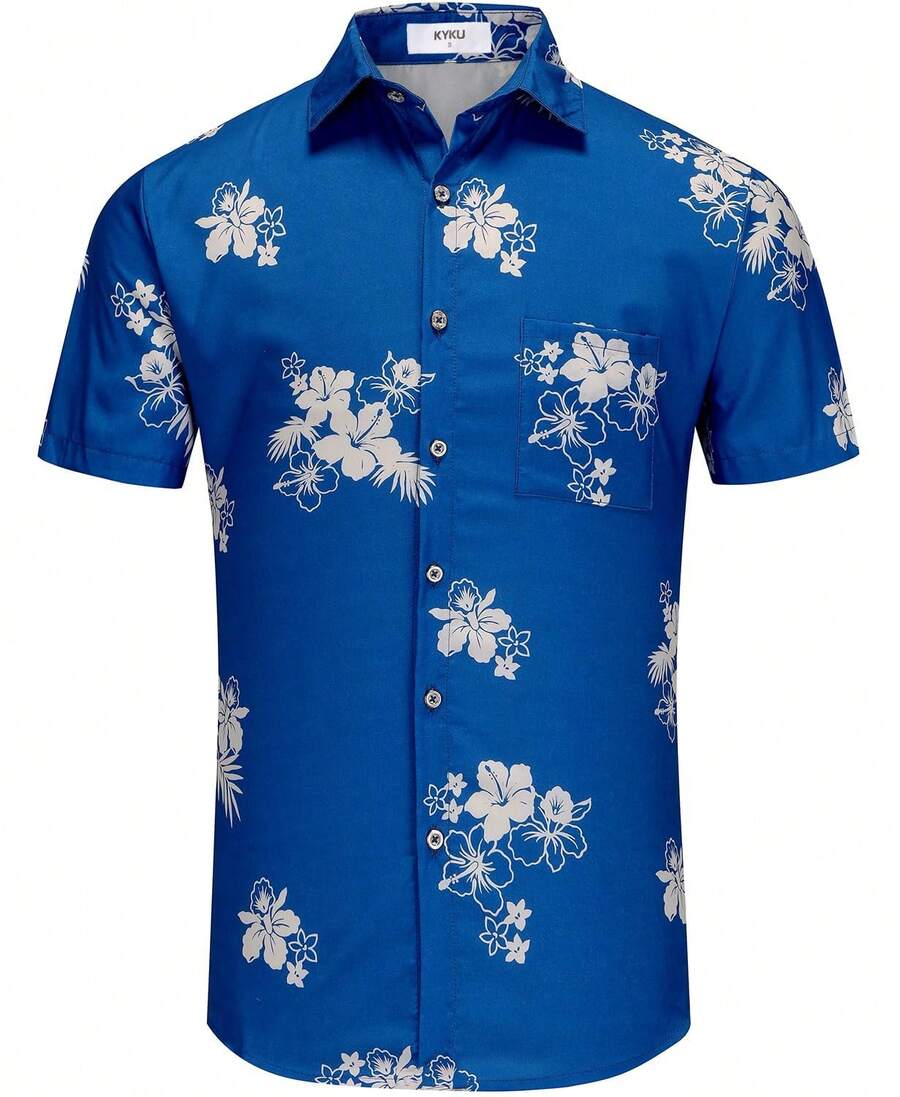 Men's & Women's Hawaiian Shirt - Tropical Palm Tree & Coconut Leaves Print Short Sleeve Button-Up, Soft Breathable Fabric, Machine Washable, Regular Fit Casual Beach Vacation Shirt For Adults, Summer Apparel Buttons Casual Shirts - 藍色 - 查看 1