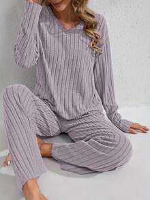女士秋冬宽松罗纹 V 领长袖上衣和裤子睡衣套装，休闲家居服 - 淡紫色 - 查看 2