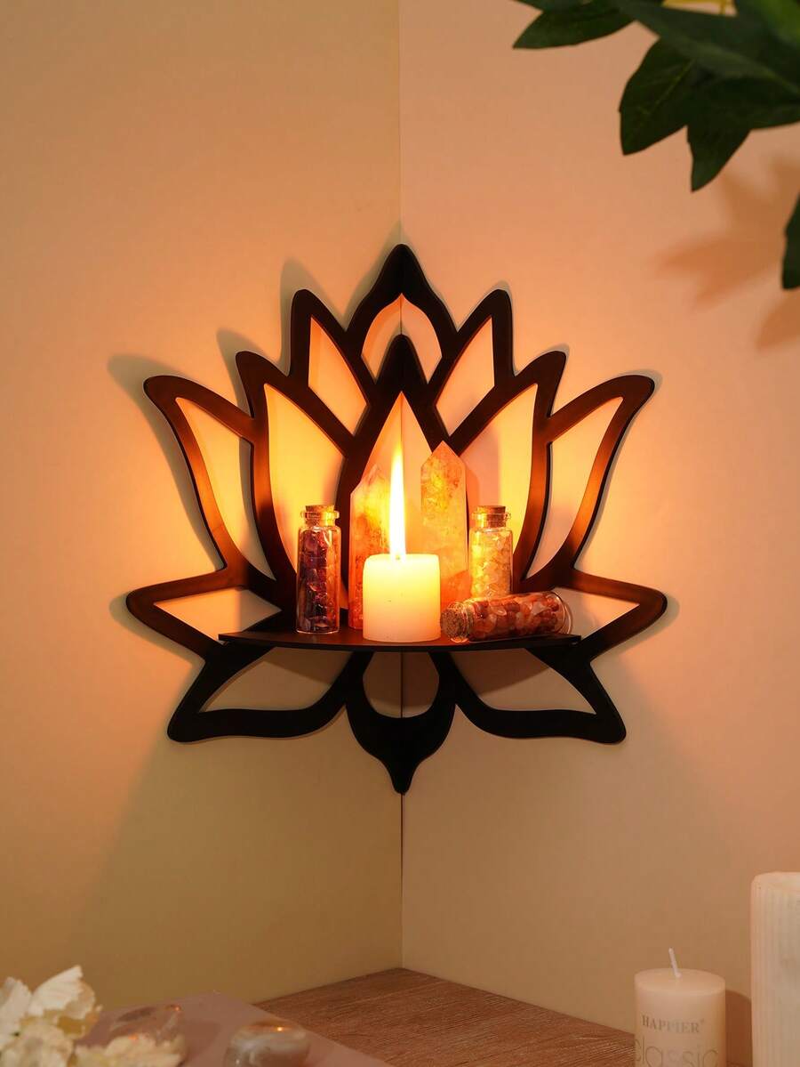 1pc/2pcs DIY Assembly Floating Shelf/Shelves, Minimalist Lotus Shape Wall Mounted Display Racks, Black/White, (Nails Not Included), Suitable For Candle Holder, Home Decor Corner Shelf, Crystal Stone Display Rack, Living Room Shelves