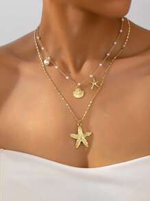 2pcs/Set Summer Refreshing Faux Pearl Starfish Pendant Necklace, Fashion Fashionable Ocean Life Pendant Jewelry Set, Suitable For Women's Daily Wear And Vacation, Beach, Photography Decoration, Handmade Chain Can Be Cut To