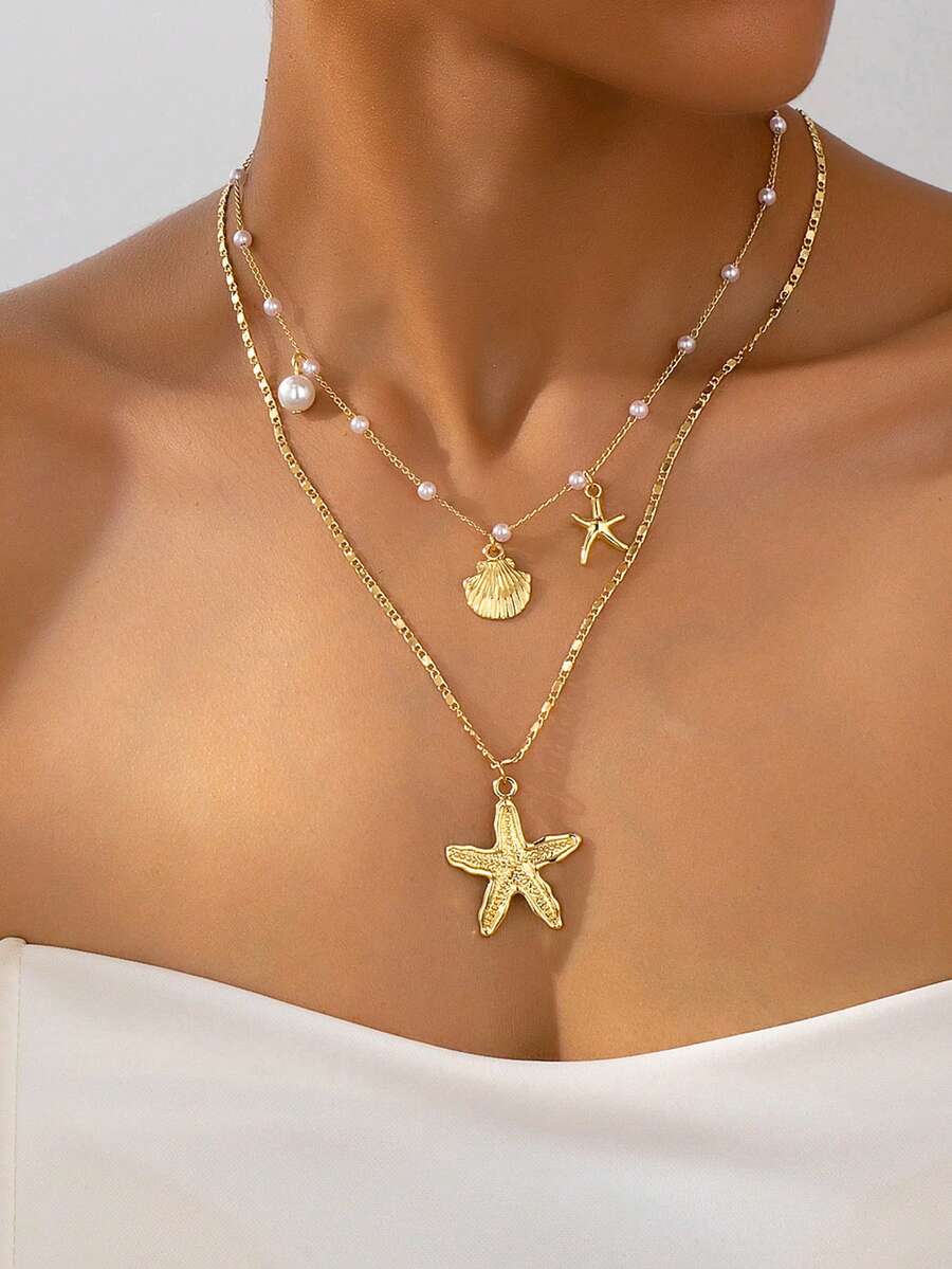 2 件/套夏季清爽人造珍珠海星吊坠项链，时尚海洋生物吊坠首饰套装，适合女性日常佩戴和度假、海滩、摄影装饰，手工链可剪裁 - 海星吊墜 - 查看 1