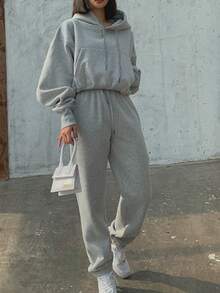 Damen Herbst Winter Hoodies Anzug Solid Lässig Warm Fleece 2 Stücke Set Trainingsanzug Pullover Jogginghose