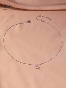 Hihho 1 chiếc vòng cổ mặt dây chuyền Cubic Zirconia màu hồng thời trang tối giản, dây chuyền choker bằng thép không gỉ màu bạc kiểu rắn dành cho nữ - Hồng - Xem 2