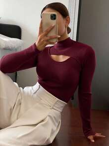 Livesso 纯色镂空半高领毛衣、长袖上衣、秋季女装