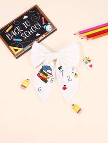 1pc White Fabric Bow Hair Clip, Book & Pencil Print Hair Bow, Fashionable Daily Use Hair Accessory Gift For Kids Back To School Season - Multicolor - View 9