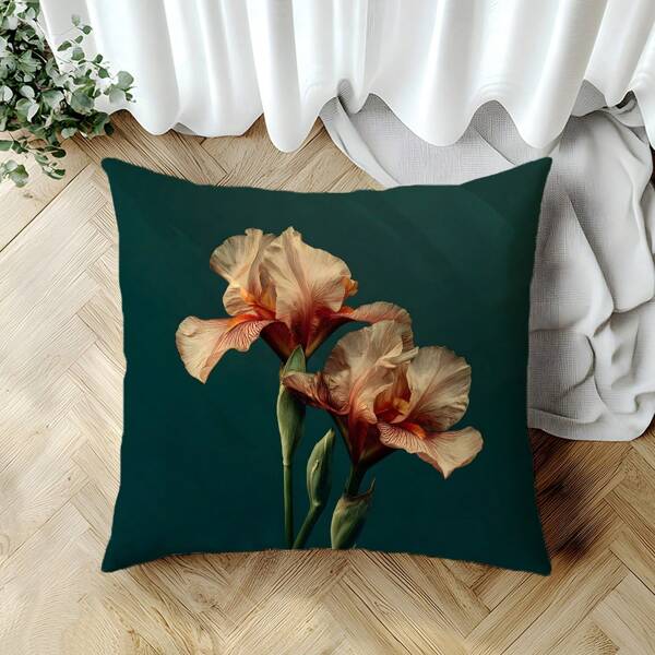 1pc Simple Iris Flower Pattern Cushion Cover, Soft Peach Velvet Material, 45*45CM Pillow Case Suitable For Indoor Decor, Party Decoration, Decorative Pillow Gift