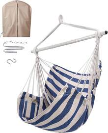 Hammock Chair Swing (500 Lbs Max) - Hanging Hammock Chair Rope Swing Indoor Hammock Chair,Outdoor Furniture,Swing Chair For Room,Amaca Para Adultos,Hamacas Para Adultos,Columpio Para Patio,Swing Sets Backyard, Patio Furniture Set For Bedroom, Outdoor, Patio, Bedroom, Porch, Deck - Sturdy Steel Bar With Anti-Slip Safety Rings - 封面+藍白 - 查看 9