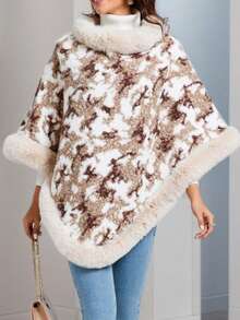 Fashion - Forward Poncho With Plush Trim For Winter Gatherings - Beige - View 5