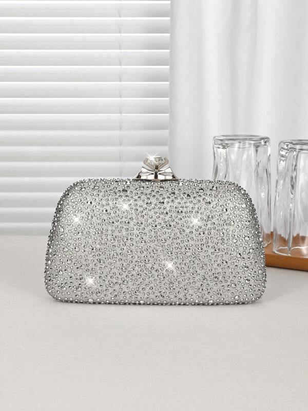 1pc Silver Glitter Double-Sided Rhinestone Women's Evening Clutch Bag, Fashionable & Elegant Handbag With Metal Chain Strap, Suitable For Parties, Romantic Weddings, Formal Occasions, And As A Gift For Women